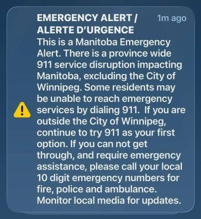 A capture of the alert sent July 22 afternoon after a provincewide 911 service disruption. (Supplied)