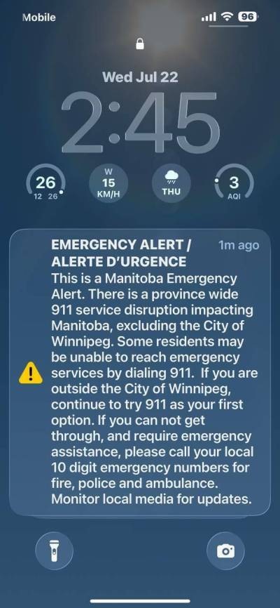 A capture of the alert sent July 22 afternoon after a provincewide 911 service disruption. (Supplied)