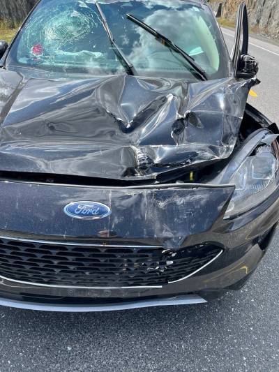 Ed Toews photo
                                Ed and Helen Toews were driving to their cottage in Sioux Narrows Monday afternoon when a porta-potty on the bed of a passing truck came loose and fell onto their car causing the damage in the photo.