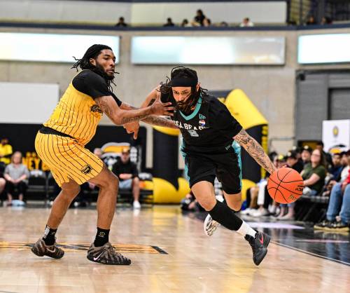 CEBL PHOTO FILES
                                Winnipeg Sea Bears guard Trey McGowens (right) credited the CEBL for cancelling the game when it did.