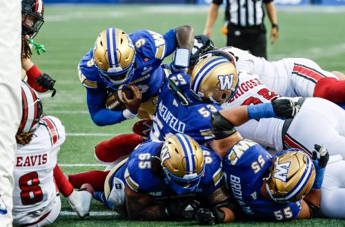 Winnipeg Blue Bombers quarterback Bryce Perkins (9) dives in for the short yardage touchdown against the Ottawa Redblacks during first half CFL football action in Winnipeg on Friday, August 14, 2026. THE CANADIAN PRESS/John Woods