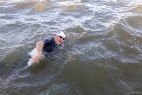 Sue Romaniuk photo
                                Two-time cancer survivor Jonathon Fenton, 62, swam about 26 kilometres to cross Lake Winnipeg Sunday.