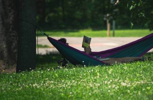 A woman enjoys reading in a hammock under a tree during a sunny summer day in a park. (pexels.com)