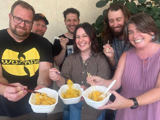 Free Press staff members all found at least one variety of KD Ramen worth recommending. Back row, from left: Ben Sigurdson, Conrad Sweatman and Sheldon Birnie. Front row, from left: Darren Ridgley, Jen Zoratti and Jill Wilson. (Mike Aporius / Free Press)