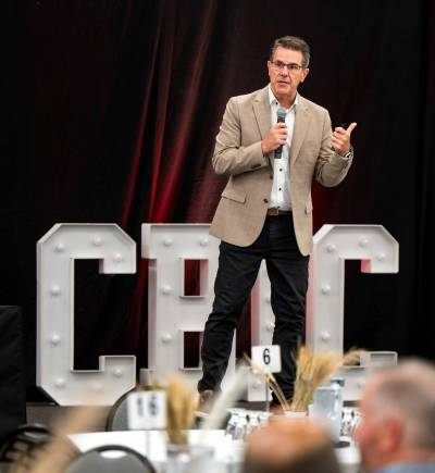 ROBERT LEE / FREE PRESS
                                Jean-Philippe Gervais, executive vice-president of agricultural production for Farm Credit Canada, delivers his keynote speech at the Canadian Beef Industry Conference at the RBC Convention Centre on Thursday in Winnipeg.