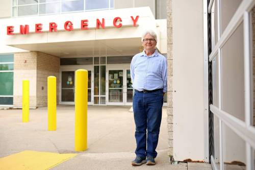 20082026 Dr. Scott Blyth outside the emergency department at the Brandon Regional Health Centre on Thursday. Blyth is a member of the Canadian Association of Physicians for the Environment (CAPE) and has studied the health impacts of air pollution and climate change, including health impacts from the Manitoba Hydro Generating Station in Brandon. (Tim Smith/The Brandon Sun) **Please cross reference details with Rylee story***