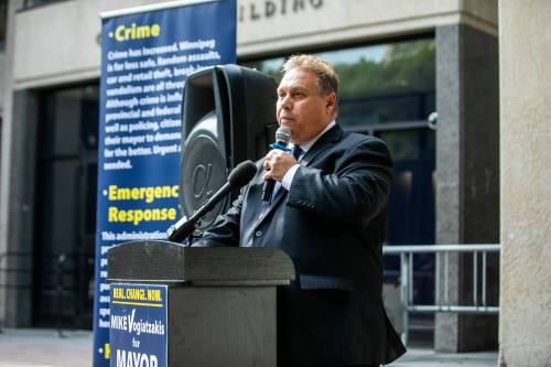 MIKAELA MACKENZIE / FREE PRESS
                                Mike Vogiatzakis held a news conference at Winnipeg City Hall Friday, where he vowed to release a new pledge each week for the rest of his campaign for mayor.