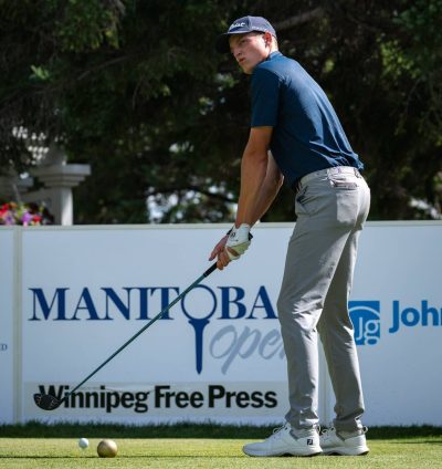 MEG ROBINSON OF PGA TOUR AMERICAS
Daniel Svard, of Sweden, sets up for a tee shot at the Manitoba Open on Saturday. Savard holds a two-shot lead heading into the event's final round.