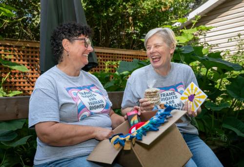 ROBERT LEE / FREE PRESS
                                Kalyn Falk (right) and project partner Lindsay Unger display some items that are included in a care package. The pair help lead the Trans Day of Remembrance Care Package Project, launched in 2020, to honour Trans Day of Remembrance.
