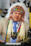 MIKE DEAL / FREE PRESS Grand Chief of the Southern Chiefs' Organization (SCO), Jerry Daniels, speaks during the press conference in support of Chief Dr. Stan Bird efforts. Chief Dr. Stan Bird of Peguis First Nation calls for the immediate termination of the coordination agreement that governs child and family services (CFS) in his community, citing grave risks to the safety and well-being of children and families, during a press conference Friday morning at the Southern Chiefs’ Organization (SCO) offices. Grand Chief of the Southern Chiefs' Organization (SCO), Jerry Daniels, was on hand to support Chief Dr. Stan Bird. Reporter: Nicole Buffie 251003 - Friday, October 03, 2025.