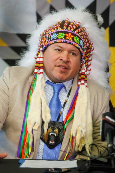 MIKE DEAL / FREE PRESS Grand Chief of the Southern Chiefs' Organization (SCO), Jerry Daniels, speaks during the press conference in support of Chief Dr. Stan Bird efforts. Chief Dr. Stan Bird of Peguis First Nation calls for the immediate termination of the coordination agreement that governs child and family services (CFS) in his community, citing grave risks to the safety and well-being of children and families, during a press conference Friday morning at the Southern Chiefs’ Organization (SCO) offices. Grand Chief of the Southern Chiefs' Organization (SCO), Jerry Daniels, was on hand to support Chief Dr. Stan Bird. Reporter: Nicole Buffie 251003 - Friday, October 03, 2025.