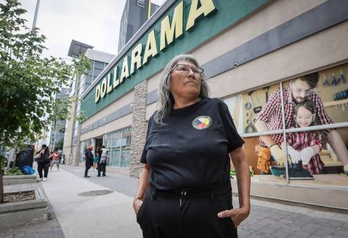 JOHN WOODS / FREE PRESS Viv Ketchum, ambassador with Impact Security at Portage Avenue Dollarama, is photographed outside the store Monday, August 31, 2026. Impact Security has hired an indigenous advocate to work as an ambassador alongside security staff. reporter: chris