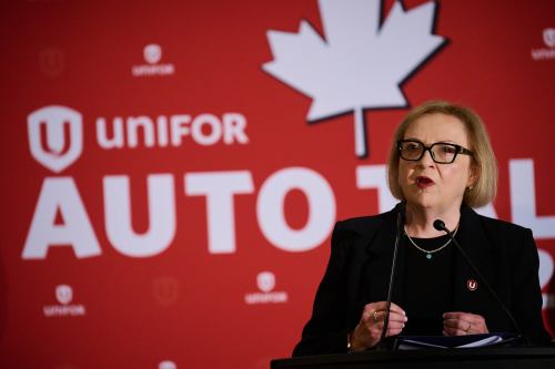 Unifor National President Lana Payne speaks to media after the opening of bargaining between Unifor and Ford Motor Co., in Toronto, on Monday, June 22, 2026. THE CANADIAN PRESS/Sammy Kogan