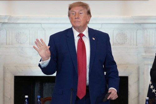 President Donald Trump departs after speaking at a roundtable on American mining, Friday, Aug. 7, 2026, at the State Department in Washington. (AP Photo/Allison Robbert)