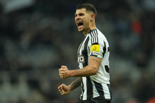 FILE - Newcastle's Bruno Guimaraes reacts after a Premier League soccer match between Newcastle United and Manchester City in Newcastle, England, Saturday, Nov. 22, 2025. (AP Photo/Jon Super, File)