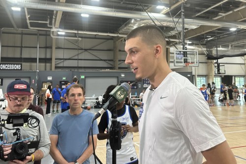 Milwaukee Bucks guard Tyler Herro speaks to reporters at a youth basketball camp Saturday, Aug. 8, 2026, in New Berlin, Wis. (AP Photo/Steve Megargee)