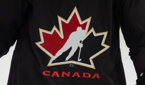 A jersey logo for Hockey Canada is seen as team Canada practices during their final training camp session in Petawawa, Ont., Wednesday, Dec. 18, 2024. THE CANADIAN PRESS/Adrian Wyld