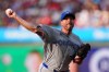 Toronto Blue Jays pitcher Max Scherzer throws during the first inning of a baseball game against the Philadelphia Phillies, Saturday, Aug. 8, 2026, in Philadelphia. (AP Photo/Derik Hamilton)