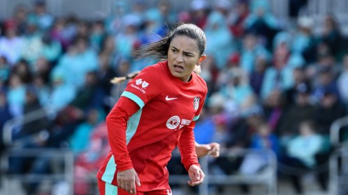 FILE - Kansas City Current midfielder Debinha on the attack during an NWSL soccer match against Gotham FC, April 4, 2026, in Kansas City, Mo. (AP Photo/Reed Hoffmann, File)