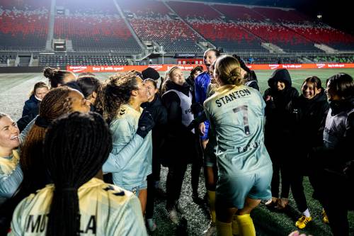 Players from the Vancouver Rise celebrate their win over the Ottawa Rapid in Northern Super League semifinal soccer action in Ottawa, on Saturday, Nov. 8, 2025. THE CANADIAN PRESS/Spencer Colby