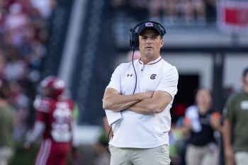 FILE - South Carolina head coach Shane Beamer watches a replay during the first half of an NCAA college football game against the Coastal Carolina, Saturday, Nov. 22, 2025, in Columbia, S.C. (AP Photo/Scott Kinser, File)