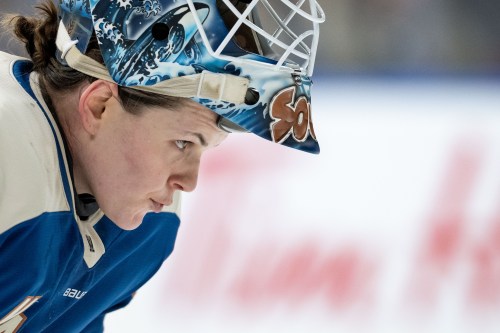 Vancouver Goldeneyes goaltender Kristen Campbell (50) waits for a face off against the Boston Fleet during the second period of a PWHL game in Vancouver, on Tuesday, March 10, 2026. THE CANADIAN PRESS/Ethan Cairns