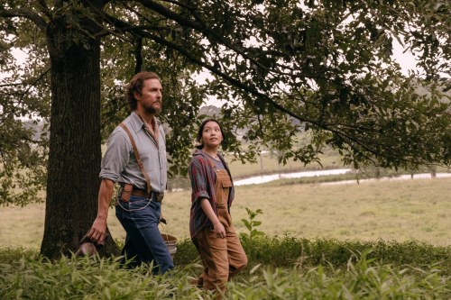 This image released by Black Bear shows Matthew McConaughey, left, and Angelina LookingGlass in a scene from 