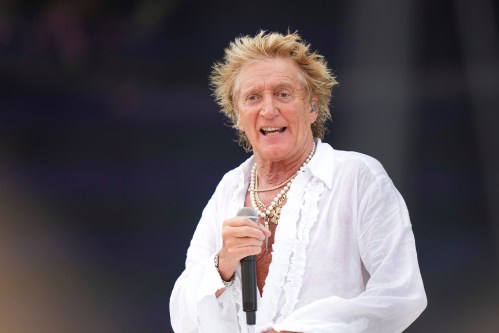 FILE - Rod Stewart performs during the Glastonbury Festival in Worthy Farm, Somerset, England, Sunday, June 29, 2025. (Scott A Garfitt/Invision/AP, File)