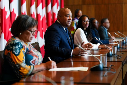 Liberal member of Parliament Michael Coteau speaks as he joins fellow members of the Canadian Congress of Black Parliamentarians at a press conference in Ottawa on Friday, Aug. 11, 2023. THE CANADIAN PRESS/Sean Kilpatrick
