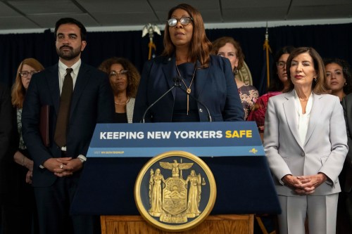 New York Attorney General Letitia James, flanked by New York Mayor Zohran Mamdani, left, and New York Governor Kathy Hochul, takes part in a press conference to announce action against ICE overreach in New York, Wednesday, Aug. 12, 2026. (AP Photo/Yuki Iwamura)