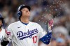 Los Angeles Dodgers two-way player Shohei Ohtani has seeds thrown at him after hitting a two-run home run during the third inning of a baseball game against the Kansas City Royals, Wednesday, Aug. 12, 2026, in Los Angeles. (AP Photo/Mark J. Terrill)