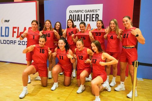 Canada's women's team poses during the media day ahead of the Flag Football World Championships, the sports first Olympic qualifier for LA28, in Duesseldorf, Germany, Wednesday, Aug. 12, 2026. (AP Photo/Martin Meissner)