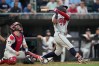 Philadelphia Phillies' Kyle Schwarber hits a home run during the fourth inning of a baseball game against the Minnesota Twins at the Field of Dreams movie site, Thursday, Aug. 13, 2026, in Dyersville, Iowa. (AP Photo/Charlie Neibergall)