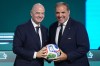 FIFA president Gianni Infantino, left, and FIFA vice-president and CONCACAF president Victor Montagliani pose with a soccer ball at the 76th FIFA Congress in Vancouver on Thursday, April 30, 2026. THE CANADIAN PRESS/Darryl Dyck