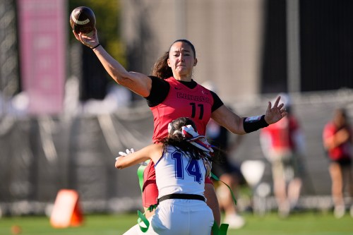 Canada's quarterback Sara Parker throws the ball during the Flag Football World Championship women's match between Canada and Panama in Duesseldorf, Germany, Thursday, Aug. 13, 2026. (AP Photo/Martin Meissner)