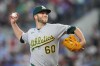 FILE - Athletics' Justin Sterner throws during the sixth inning of a baseball game between the Texas Rangers and the Athletics, Sunday, April 26, 2026, in Arlington, Texas. (AP Photo/Julio Cortez, File)