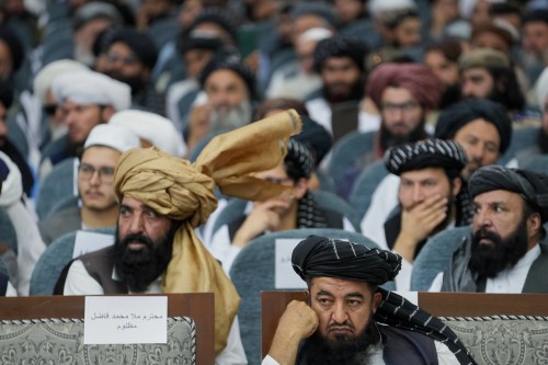 Taliban delegates from across the country attend a meeting that opens celebrations marking the fifth anniversary of the U.S. withdrawal and the start of Taliban rule, at the Loya Jirga Hall in Kabul, Afghanistan, Saturday, Aug. 15, 2026. (AP Photo/Siddiqullah Alizai)
