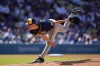 Milwaukee Brewers starting pitcher Jacob Misiorowski throws to the plate during the first inning of a baseball game against the Los Angeles Dodgers, Saturday, Aug. 15, 2026, in Los Angeles. (AP Photo/Mark J. Terrill)