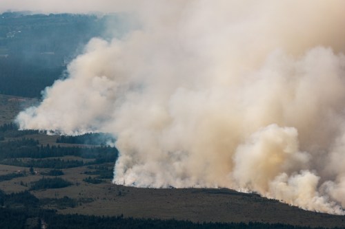 Smoke from a massive wildfire in Belgium's Hohes Venn region is seen from Germany, Sunday, Aug. 16, 2026. (Christoph Reichwein/dpa via AP)