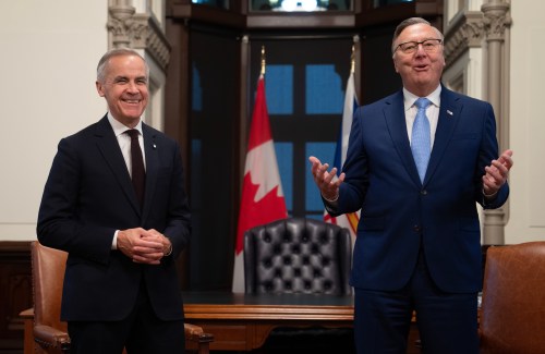 Prime Minister Mark Carney meets with Newfoundland and Labrador Premier Tony Wakeham on Parliament Hill in Ottawa, Wednesday, Nov. 26, 2025. THE CANADIAN PRESS/Adrian Wyld