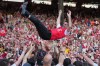 FILE - Arsenal's manager Mikel Arteta is thrown in the air by the players celebrating their Premier League title after the English Premier League soccer match between Crystal Palace and Arsenal in London, England, May 24, 2026. (AP Photo/Kin Cheung, File)
