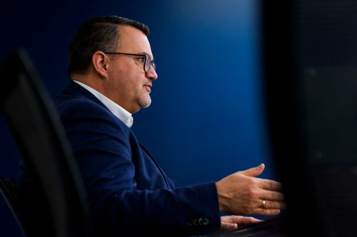 Oliver Burkhard, CEO of German submarine maker TKMS, participates in an interview in Ottawa, on Monday, March 2, 2026. THE CANADIAN PRESS/Justin Tang