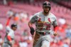 St. Louis Cardinals' Joshua Báez scores on a double by Alec Burleson during the first inning of the first game of a baseball double header against the Cincinnati Reds, Monday, Aug. 17, 2026, in Cincinnati. (AP Photo/Tanner Pearson)