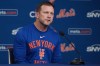 New York Mets interim manager Andy Green speaks during a news conference before a baseball game against the San Diego Padres, Monday, Aug. 17, 2026, in New York. (AP Photo/Frank Franklin II)