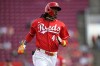 Cincinnati Reds' Elly De La Cruz reaches third base on a single by JJ Bleday during the first inning of the second game of a baseball doubleheader against the St. Louis Cardinals, Monday, Aug. 17, 2026, in Cincinnati. (AP Photo/Tanner Pearson)