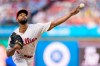 Philadelphia Phillies starting pitcher Cristopher Sanchez delivers during the first inning of a baseball game against the Miami Marlins, Monday, Aug. 17, 2026, in Philadelphia. (AP Photo/Chris Szagola)