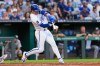 Kansas City Royals' Bobby Witt Jr. hits a two-run home run during the second inning of a baseball game against the Athletics, Monday, Aug. 17, 2026, in Kansas City, Mo. (AP Photo/Charlie Riedel)