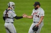 Detroit Tigers pitcher Kenley Jansen (74) celebrates with catcher Dillon Dingler, left, after getting the final out of a baseball game against the Pittsburgh Pirates in Pittsburgh, Monday, Aug. 17, 2026. (AP Photo/Gene J. Puskar)