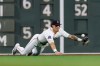 Boston Red Sox left fielder Jarren Duran can not field the ball during the sixth inning of a baseball game against the Arizona Diamondbacks Tuesday, Aug. 18, 2026, in Boston. (AP Photo/CJ Gunther)
