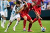 FILE - Argentina's Julian Alvarez, left, and Switzerland's Nico Elvedi (4) vie for the ball during the World Cup quarterfinal soccer match in Kansas City, Mo., Saturday, July 11, 2026. (AP Photo/Charlie Riedel, file)